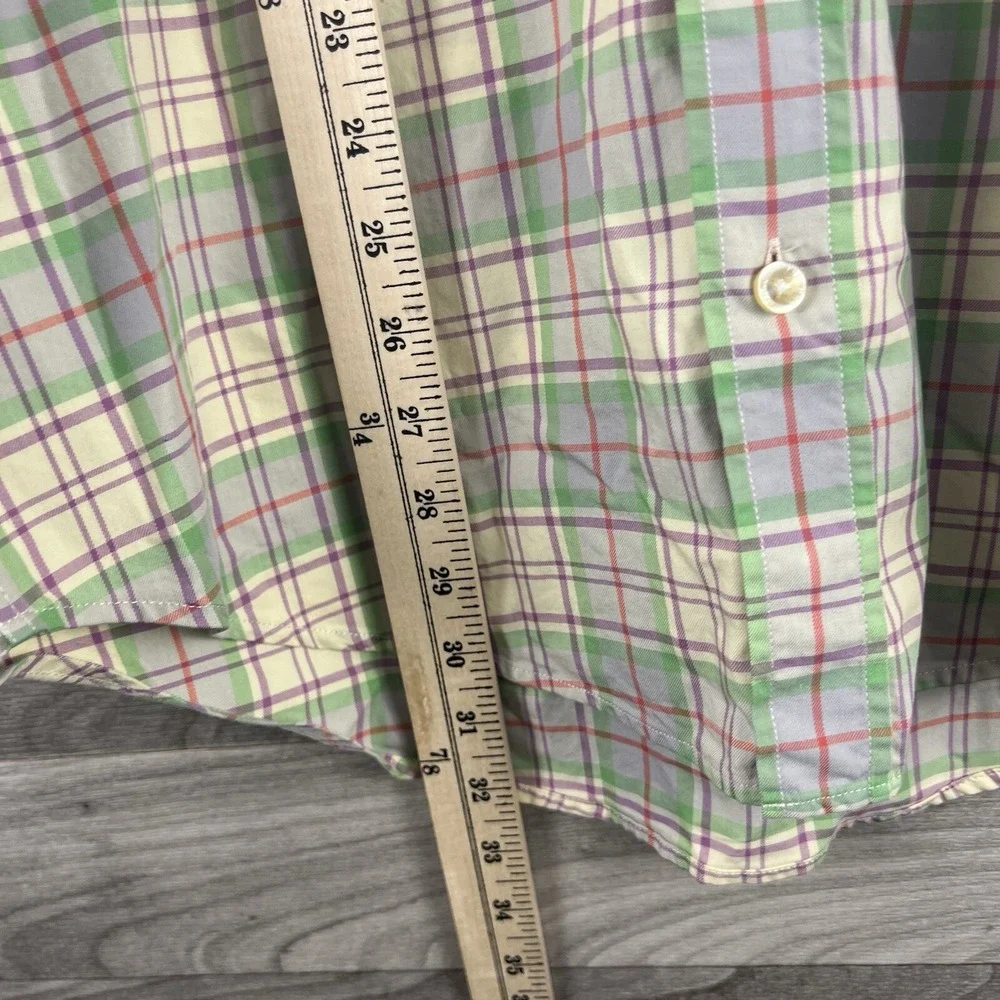 Hickey Freeman Button Down Shirt Mens M Beige Tan Green Plaid Check Dress Casual